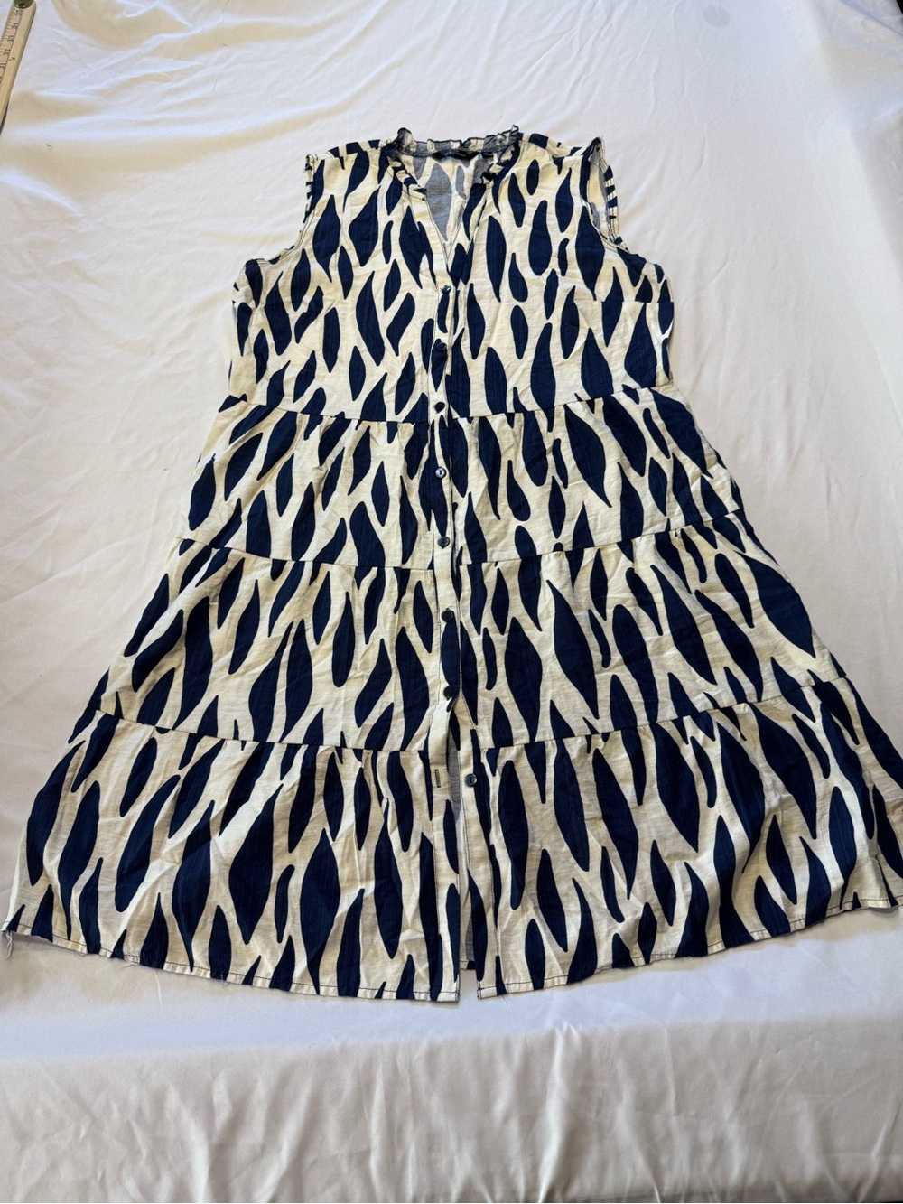 Mlle Gabrielle Navy and White Sleeveless Tiered Button-Front Dress